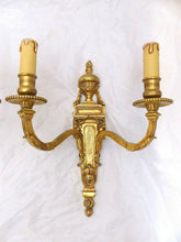 Load image into Gallery viewer, 13&quot; Vintage PAIR French LOUIS XVI Wall Light Sconce 2 Lights Gilded Bronze 1970
