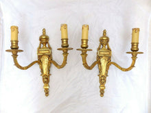 Load image into Gallery viewer, 13&quot; Vintage PAIR French LOUIS XVI Wall Light Sconce 2 Lights Gilded Bronze 1970
