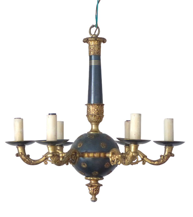 XL Antique French 6 Arms Ormolu Bronze Tole Chandelier Ceiling Empire Style RARE