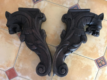 Load image into Gallery viewer, RARE Pair Huge 18" Gothic Oak Wood Carved Wall Console French 19th Foot lamp