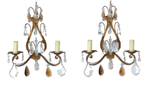 Load image into Gallery viewer, Gorgeous PAIR Antique Wall Light Sconces glass Drops Gilded Metal Italy 1940's