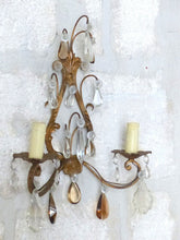 Load image into Gallery viewer, Gorgeous PAIR Antique Wall Light Sconces glass Drops Gilded Metal Italy 1940's