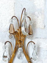 Load image into Gallery viewer, Gorgeous PAIR Antique Wall Light Sconces glass Drops Gilded Metal Italy 1940's
