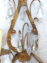 Load image into Gallery viewer, Gorgeous PAIR Antique Wall Light Sconces glass Drops Gilded Metal Italy 1940's