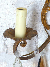 Load image into Gallery viewer, Gorgeous PAIR Antique Wall Light Sconces glass Drops Gilded Metal Italy 1940's