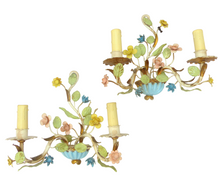 Load image into Gallery viewer, Charming Florentine PAIR Wall Light Enameld Metal Tole Flowers 1950 Italian