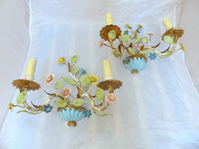 Load image into Gallery viewer, Charming Florentine PAIR Wall Light Enameld Metal Tole Flowers 1950 Italian
