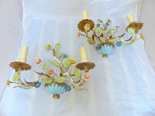 Load image into Gallery viewer, Charming Florentine PAIR Wall Light Enameld Metal Tole Flowers 1950 Italian