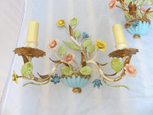 Load image into Gallery viewer, Charming Florentine PAIR Wall Light Enameld Metal Tole Flowers 1950 Italian
