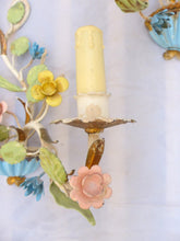 Load image into Gallery viewer, Charming Florentine PAIR Wall Light Enameld Metal Tole Flowers 1950 Italian