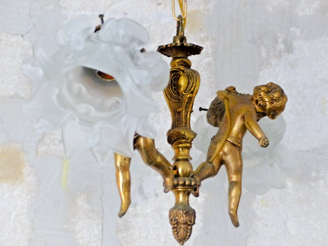 Vintage French 2 Arms Ormolu Bronze & Glass Chandelier Ceiling Cherub Putti