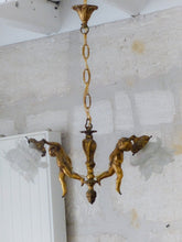 Load image into Gallery viewer, Vintage French 2 Arms Ormolu Bronze & Glass Chandelier Ceiling Cherub Putti