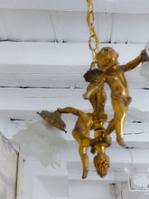 Load image into Gallery viewer, Vintage French 2 Arms Ormolu Bronze & Glass Chandelier Ceiling Cherub Putti