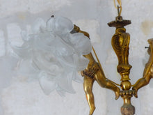 Load image into Gallery viewer, Vintage French 2 Arms Ormolu Bronze &amp; Glass Chandelier Ceiling Cherub Putti
