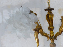 Load image into Gallery viewer, Vintage French 2 Arms Ormolu Bronze & Glass Chandelier Ceiling Cherub Putti