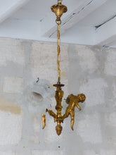 Load image into Gallery viewer, Vintage French 2 Arms Ormolu Bronze & Glass Chandelier Ceiling Cherub Putti