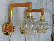 Load image into Gallery viewer, Vintage RARE Pair Wall Lights Helena Tynell LIMBURG Pine &amp; Glass Lamp 1960
