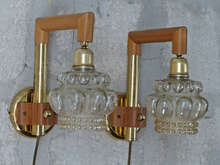 Load image into Gallery viewer, Vintage RARE Pair Wall Lights Helena Tynell LIMBURG Pine &amp; Glass Lamp 1960

