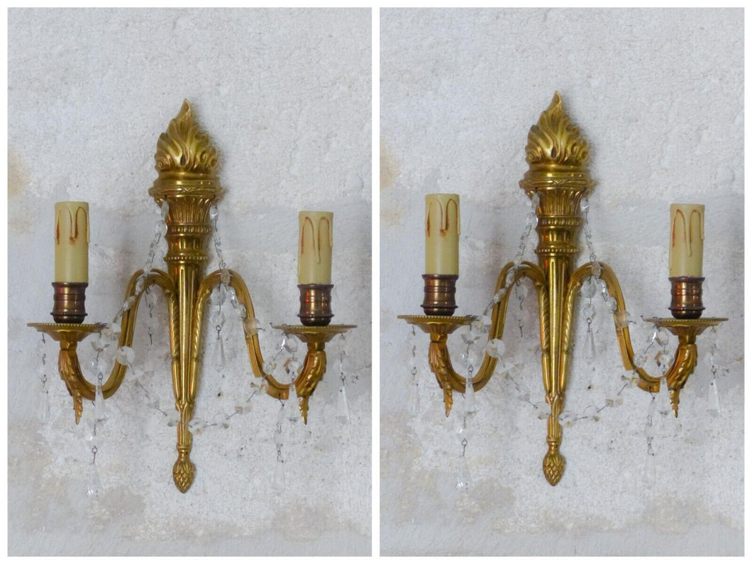 Antique PAIR French Empire Wall Light Sconce 2 Lights Torch Gilded Bronze 1950