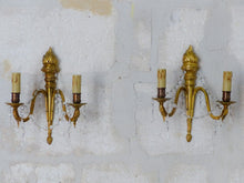 Load image into Gallery viewer, Antique PAIR French Empire Wall Light Sconce 2 Lights Torch Gilded Bronze 1950