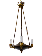 Load image into Gallery viewer, Antique French 3 Arms Ormolu Bronze Brass Tole Chandelier Ceiling Empire 1900