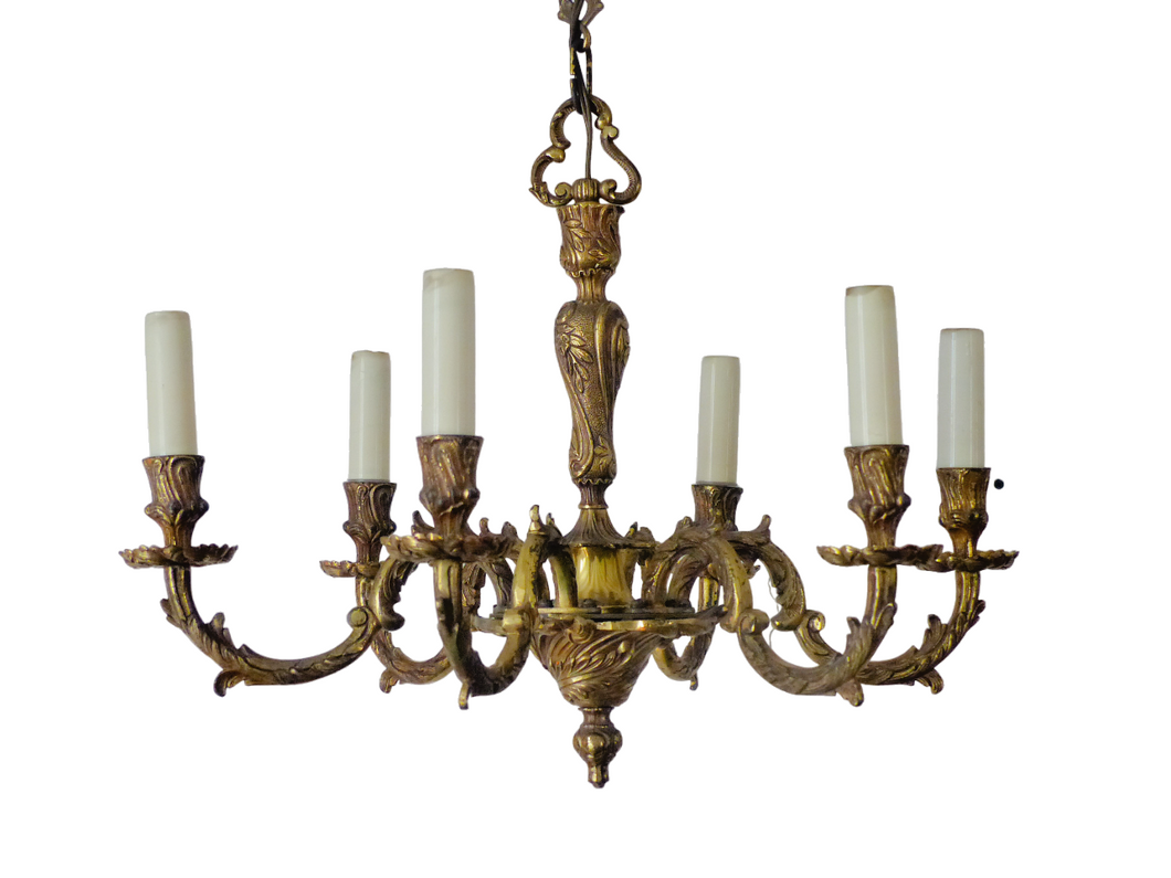 Vintage French 6 Arms Gilt Bronze Brass Chandelier Ceiling Rococo Louis XV 50's