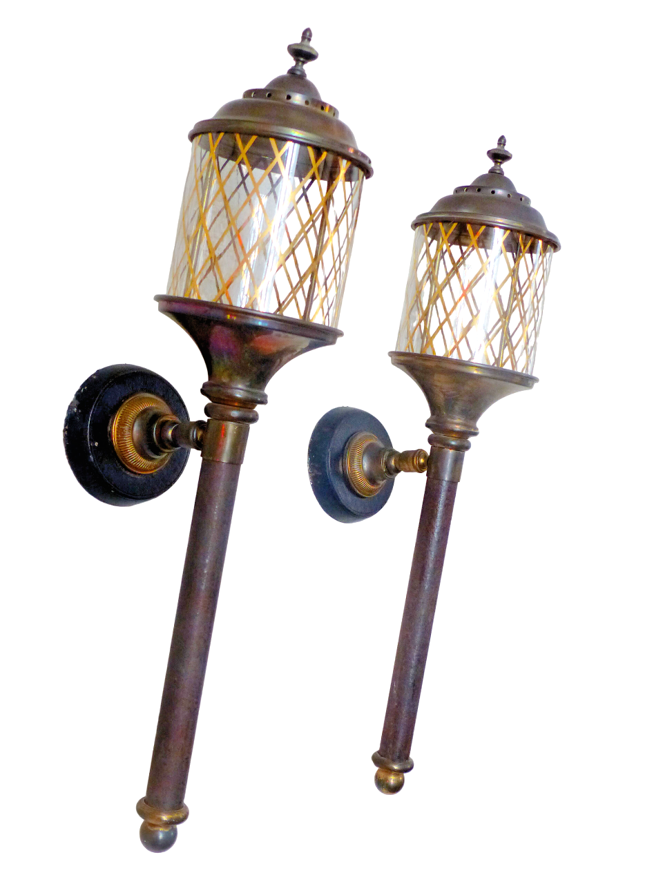Antique Empire Style French Pair Brass Torch Wall Lights sconce Glass Lamp 1930