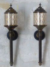 Load image into Gallery viewer, Antique Empire Style French Pair Brass Torch Wall Lights sconce Glass Lamp 1930