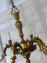 Load image into Gallery viewer, Vintage French 6 Arms Gilt Bronze Brass Chandelier Ceiling Rococo Louis XV 50&#39;s
