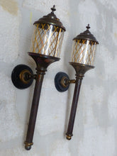 Load image into Gallery viewer, Antique Empire Style French Pair Brass Torch Wall Lights sconce Glass Lamp 1930
