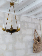 Load image into Gallery viewer, Antique French 3 Arms Ormolu Bronze Brass Tole Chandelier Ceiling Empire 1900