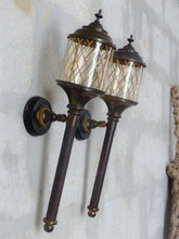 Load image into Gallery viewer, Antique Empire Style French Pair Brass Torch Wall Lights sconce Glass Lamp 1930