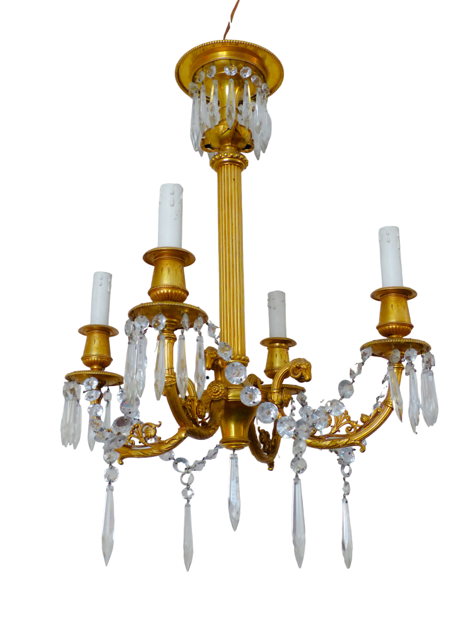 19TH Antique French 4 Arms Ormolu Bronze Chandelier with Rams Crystal Ceiling