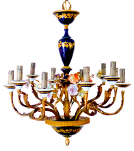 Load image into Gallery viewer, XL SEVRES French Mid-Century Bronze 12 Fires Chandelier Cobalt Porcelain Flowers
