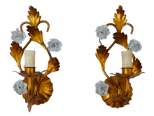 Load image into Gallery viewer, Gorgeous Vintage Italian Pair Wall Light Sconces Gilded Tole Porcelain Flowers