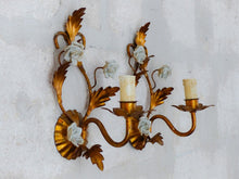 Load image into Gallery viewer, Gorgeous Vintage Italian Pair Wall Light Sconces Gilded Tole Porcelain Flowers