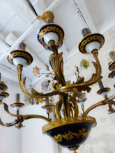 Load image into Gallery viewer, XL SEVRES French Mid-Century Bronze 12 Fires Chandelier Cobalt Porcelain Flowers