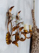 Load image into Gallery viewer, Gorgeous Vintage Italian Pair Wall Light Sconces Gilded Tole Porcelain Flowers
