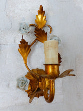Load image into Gallery viewer, Gorgeous Vintage Italian Pair Wall Light Sconces Gilded Tole Porcelain Flowers
