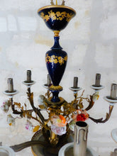 Load image into Gallery viewer, XL SEVRES French Mid-Century Bronze 12 Fires Chandelier Cobalt Porcelain Flowers