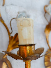Load image into Gallery viewer, Gorgeous Vintage Italian Pair Wall Light Sconces Gilded Tole Porcelain Flowers
