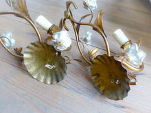 Load image into Gallery viewer, Gorgeous Vintage Italian Pair Wall Light Sconces Gilded Tole Porcelain Flowers