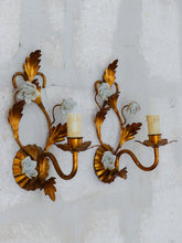Load image into Gallery viewer, Gorgeous Vintage Italian Pair Wall Light Sconces Gilded Tole Porcelain Flowers