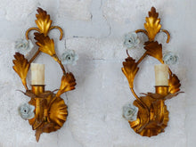 Load image into Gallery viewer, Gorgeous Vintage Italian Pair Wall Light Sconces Gilded Tole Porcelain Flowers