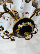 Load image into Gallery viewer, XL SEVRES French Mid-Century Bronze 12 Fires Chandelier Cobalt Porcelain Flowers
