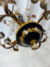 Load image into Gallery viewer, XL SEVRES French Mid-Century Bronze 12 Fires Chandelier Cobalt Porcelain Flowers