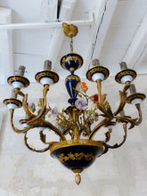 Load image into Gallery viewer, XL SEVRES French Mid-Century Bronze 12 Fires Chandelier Cobalt Porcelain Flowers