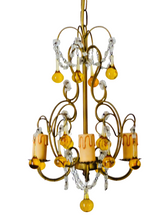 Load image into Gallery viewer, Vintage Chandelier Amber Glass Drops Prisms Beads 1930 Italian Ceiling 4 Lights