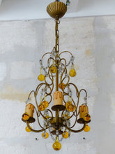Load image into Gallery viewer, Vintage Chandelier Amber Glass Drops Prisms Beads 1930 Italian Ceiling 4 Lights