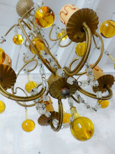 Load image into Gallery viewer, Vintage Chandelier Amber Glass Drops Prisms Beads 1930 Italian Ceiling 4 Lights